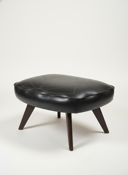 Black Upholstered Stool with Teak Wood Legs