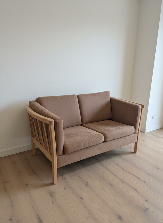 Beige Upholstered Sofa with Wooden Frame
