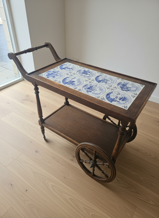 Wooden Serving Cart with Delft Tile Top