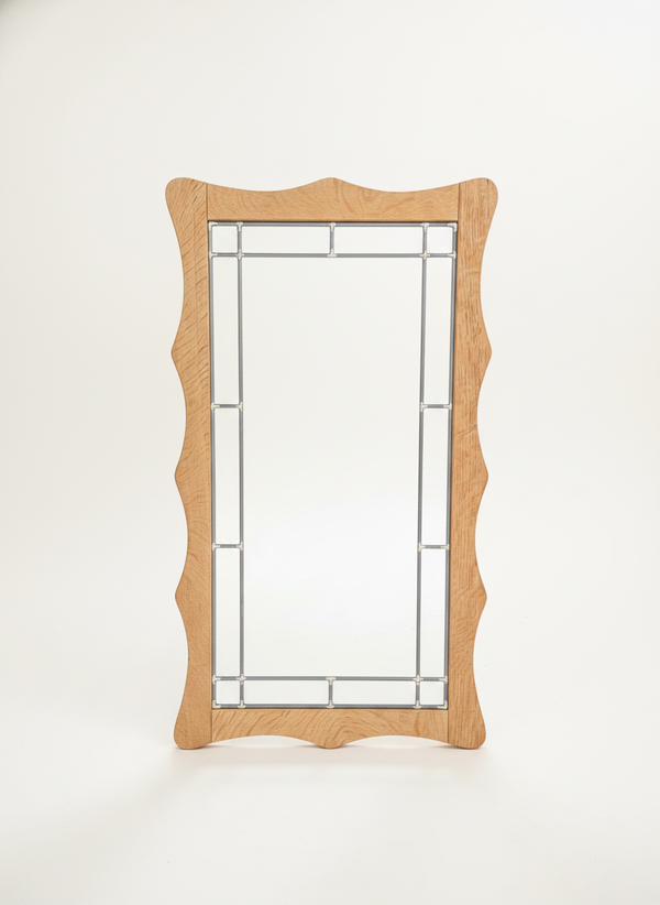 Vintage Wooden Mirror with Metal Grid