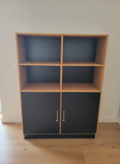Wood & Black Shelving Unit with Cabinets