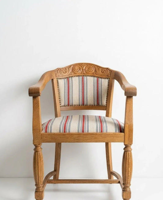 Hand-Carved Wooden Chair with Striped Upholstery