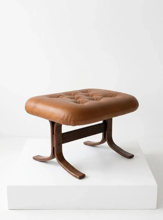 Cognac Leather and Solid Wood Ottoman