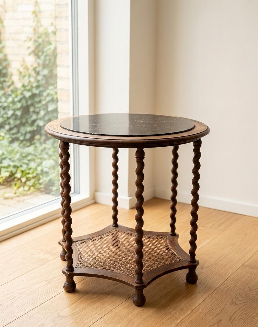 Wooden Side Table with Cane Shelf & Stone Top