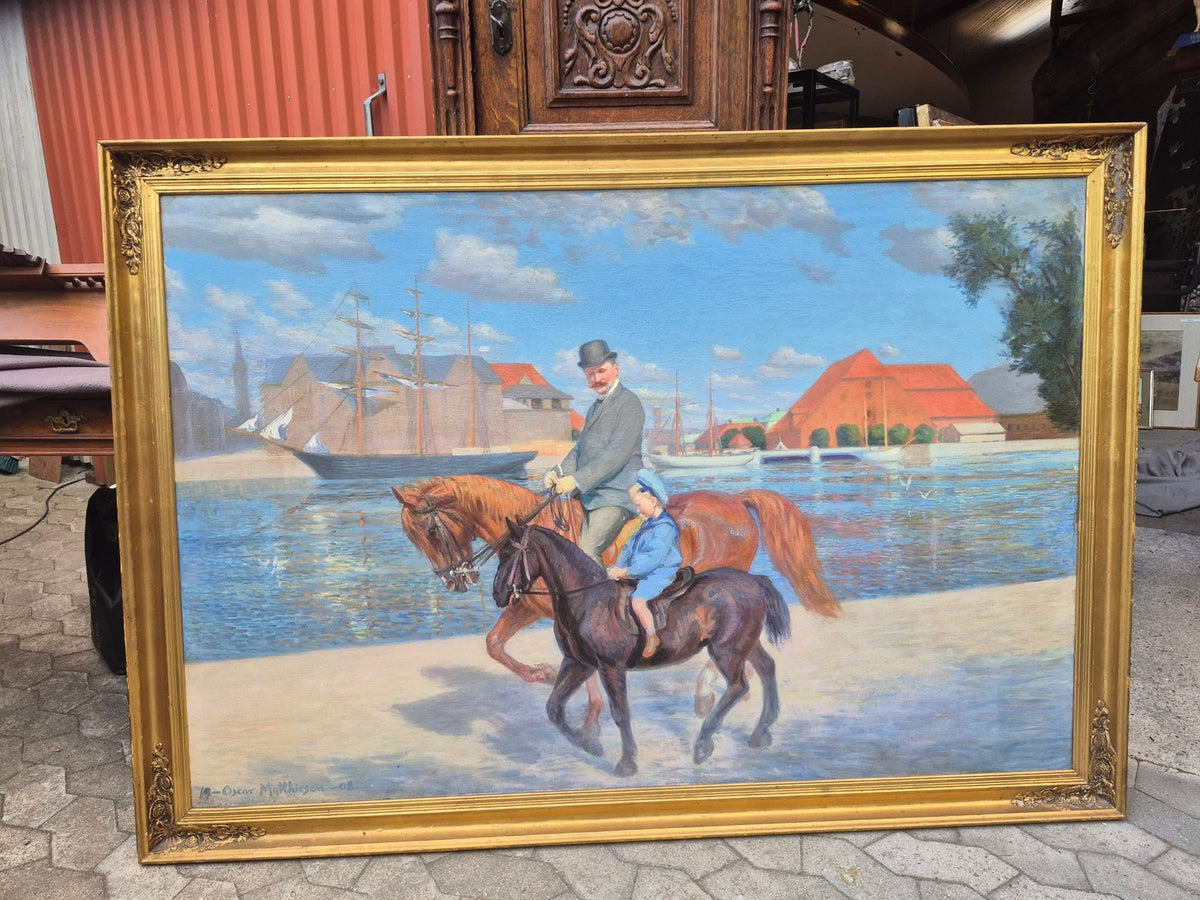 brugte-oscar-matthiesen-dansk-1908-københavns-havnemaleri-olie-på-lærred-7