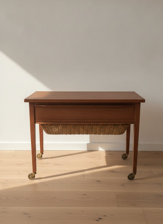 brugte-sidebord-i-teak-med-fletkurv