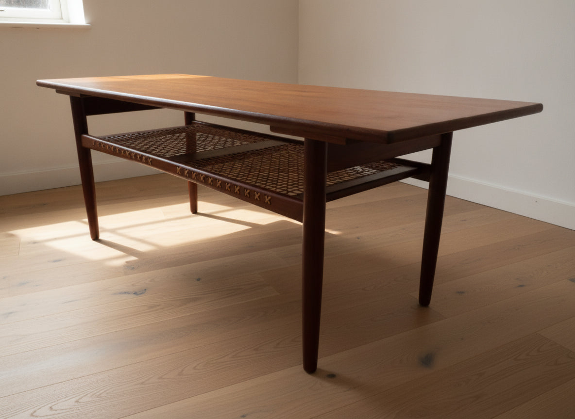brugte-teak-sofabord-med-flet-hylde