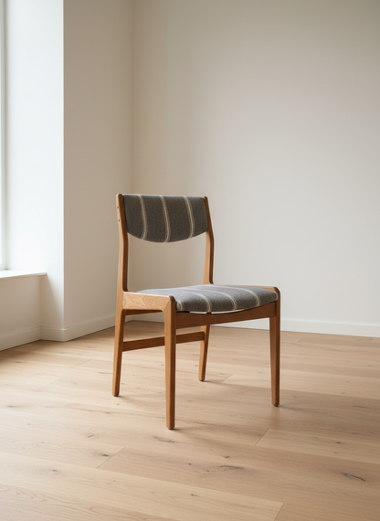 Set of 6, J.C.A. Jensen Teak Dining chairs, Grey Striped Fabric
