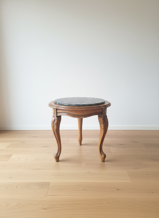 Green Marble Top Carved Wood Side Table
