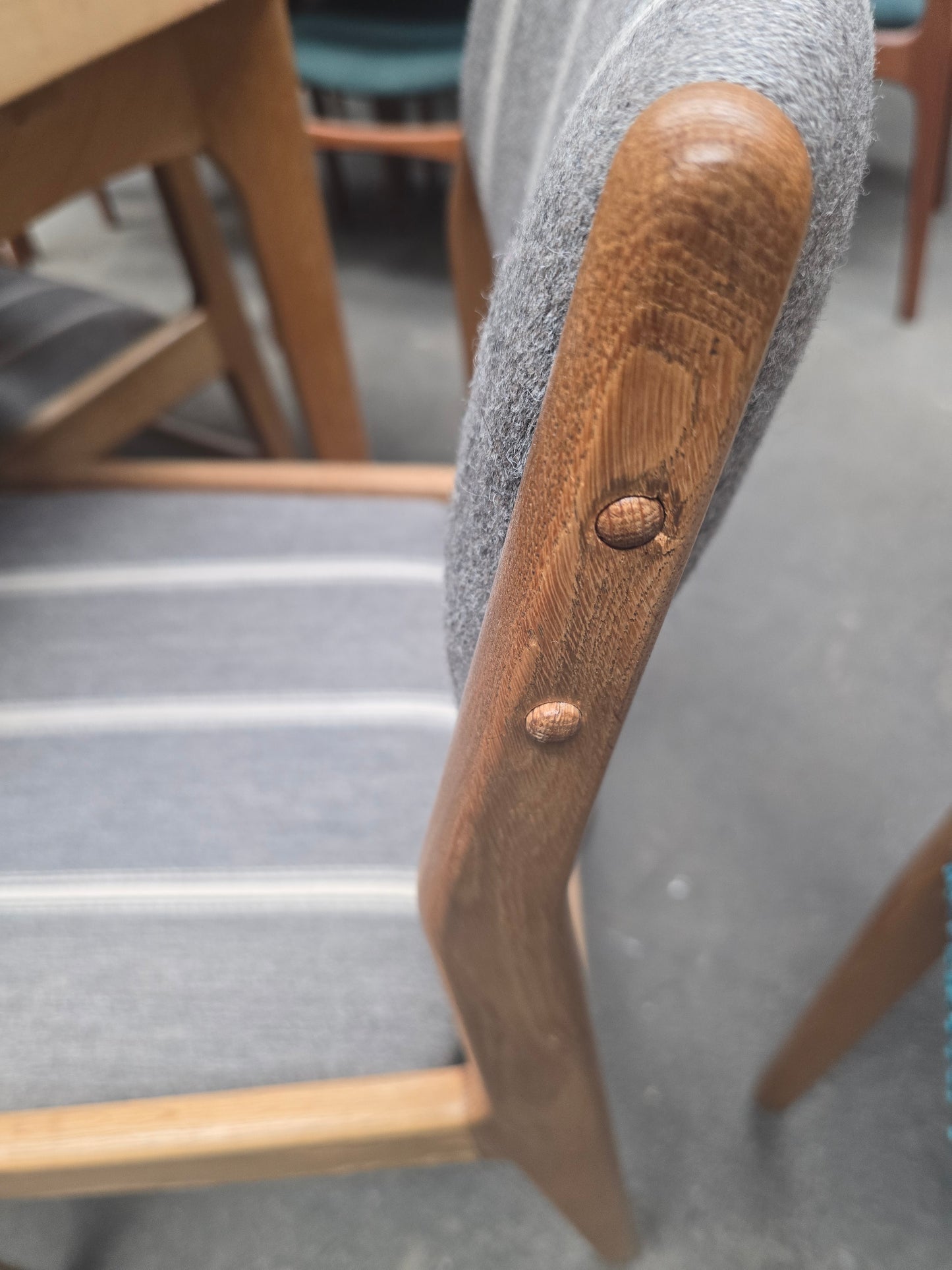 Set of 6, J.C.A. Jensen Teak Dining chairs, Grey Striped Fabric