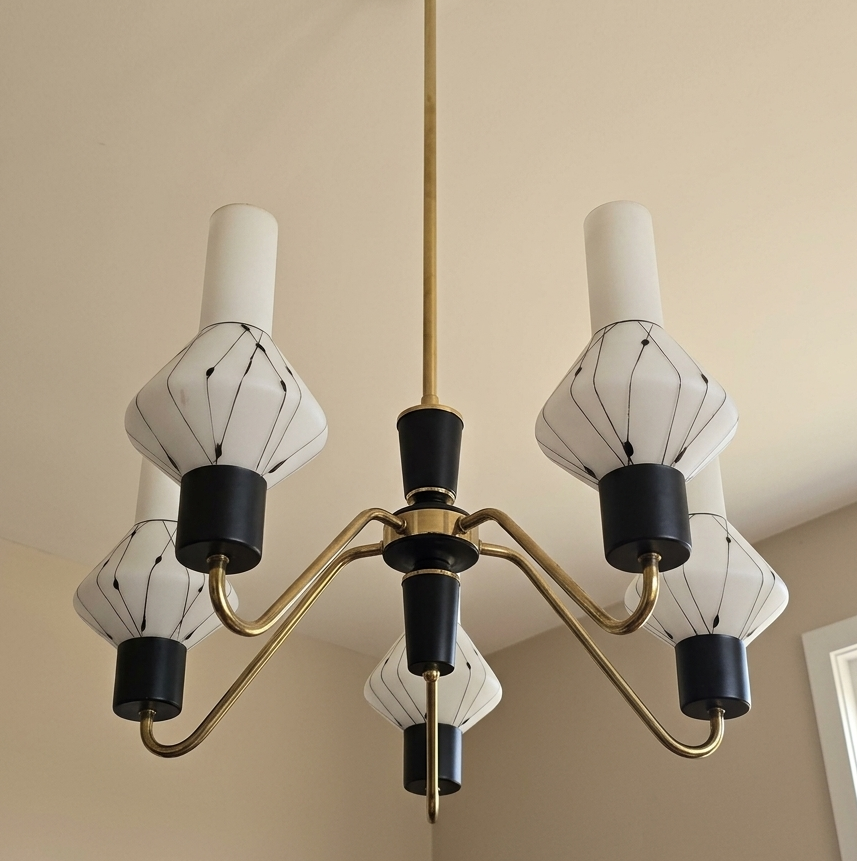 Brass & White Glass chandelier