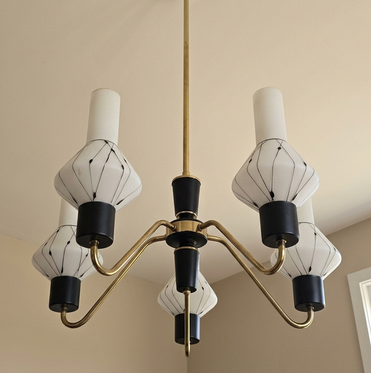 Brass & White Glass chandelier