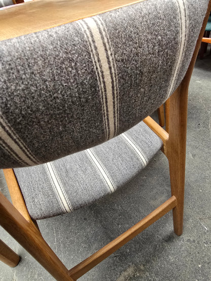 Set of 6, J.C.A. Jensen Teak Dining chairs, Grey Striped Fabric